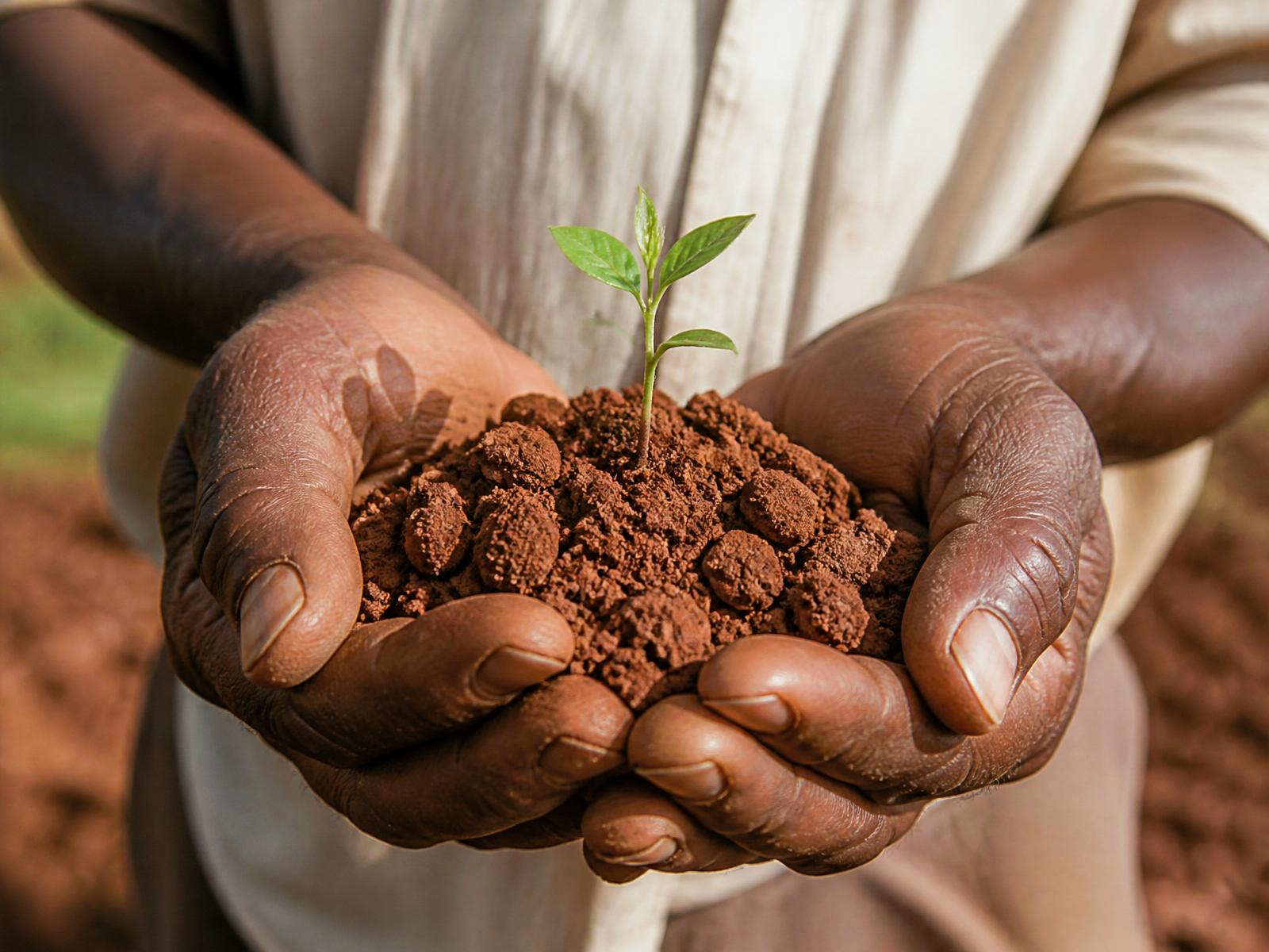 Hands cupping red earth with a small green seedling