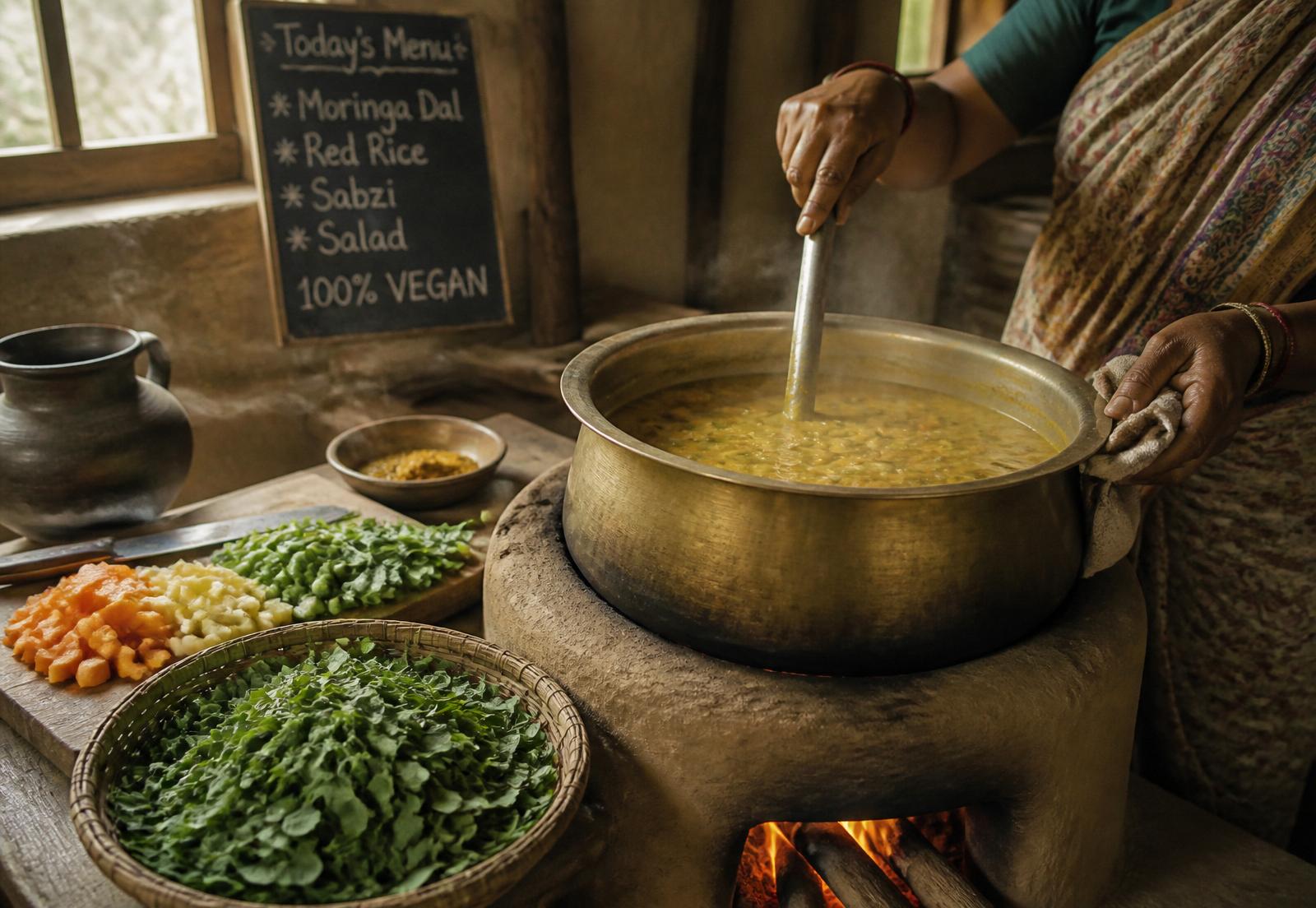 Vegan community kitchen with a clay stove and moringa dal